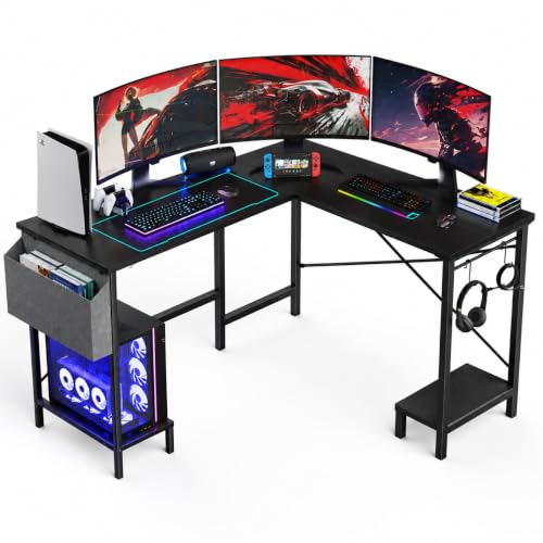 Image of Simple Deluxe L-Shaped Corner Desk with PC Stand, Storage Bag & Hooks - Reversible, Sturdy Steel Frame, Waterproof Top, 4 Colors (Black)