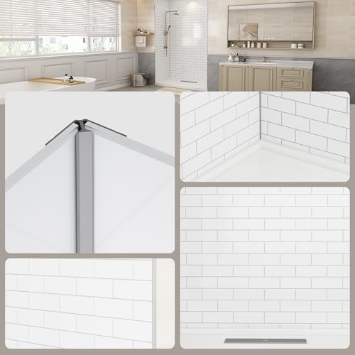 Bathlink Shower Wall Panels, 32D x 60W x 84H, Solid Surface Waterproof Wall Panels for Showers, Shower Surround Wall Kit, Glossy White Subway Tile Finish, 1/8\" (3mm) Thick, Trimmable
