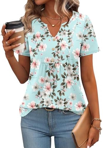 Zeagoo Womens Short Sleeve Tops Summer Henley V-Neck Tshirts Casual Pleated Blouse Dressy Loose Floral Basic Tee Zeagoo Womens Short Sleeve Tops Summer Henley V-Neck Tshirts Casual Pleated Blouse Dressy Loose Floral Basic Tee