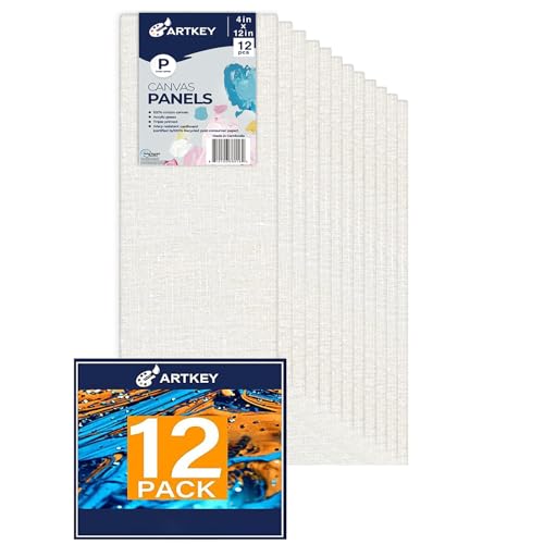 Artkey Canvas Panels 4x12 Inch 12-Pack, 10 oz Primed 100% Cotton White Blank Canvases for Painting, Flat Canvas Boards for Oil Acrylics Watercolor & Tempera Paints by Artkey - Used condition - US$8.41