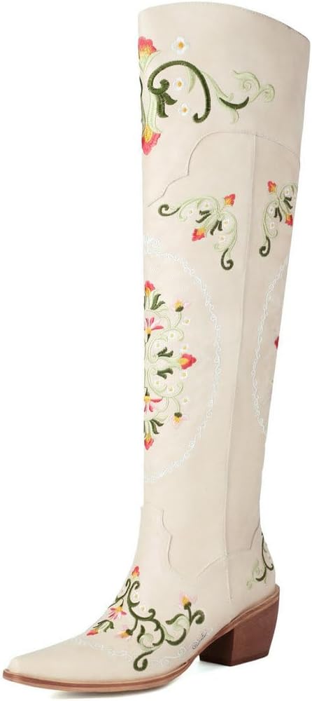 KOKOMOMO Floral Cowgirl Boots Chunky Thigh High Cowboy Over The Knee Embroidered Cowgirl Flower Boots