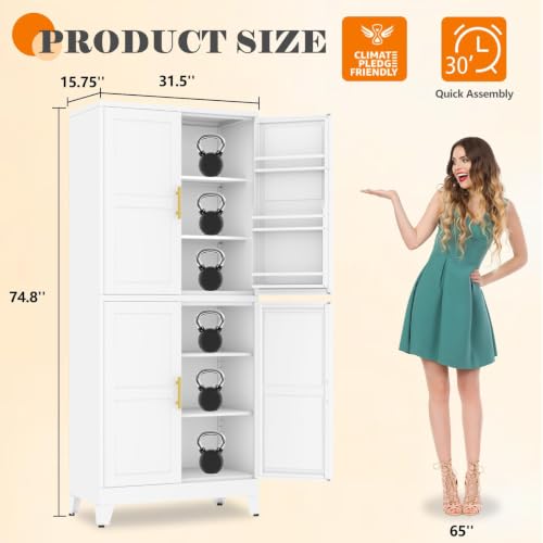 Image of GAIOUS 74.8 inch Tall Metal Food Cabinet, White Kitchen Pantry Cabinet Cupboard | Food Storage, Kitchen Organizer, Storage Cabinet with 4 Door and 4 Adjustable Shelves, Steel Freestanding, for Dining Living