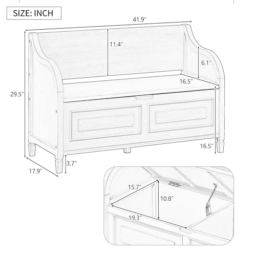 Acosure Rustic Style Storage Bench with Safety Hinge,Solid Wood Entryway Multifunctional Shoe Stool W/Removable Upholstered Cushion,for Foyer,Bedroom,White+Beige by Acosure - Image 3