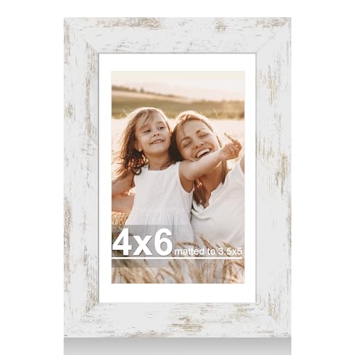 Hongkee 4x6 Picture Frame with Glass Display Pictures 3.5x5 with Mat or 4 x 6 without Mat - Wall and Tabletop 4 by 6 Photo Wooden Frames (Distressed White 1 Pack)