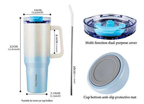 Murmioo 40Oz Tumbler With Handle And Straw,Insulated Leak Proof Double Walled Stainless Steel Travel Mug,Reusable Water Bottle Cup，Keep Cold Ice，Hot Water For Hours(Blue White Gradient) #TOP3