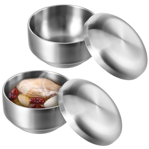 SynHHergyx Stainless Steel Rice Bowl with Lid 2PCS Metal Rice Bowls Double-walled Anti Scalding Bowl...