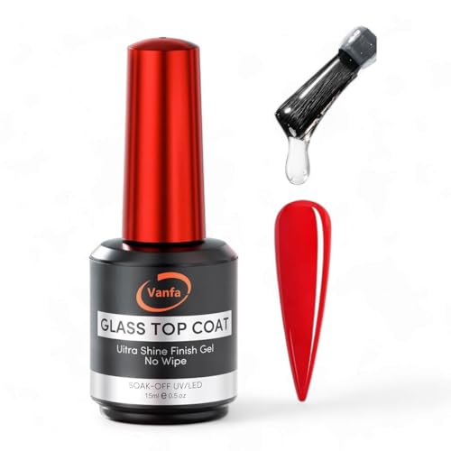 Vanfa Gel Polish Gel Glass Top Coat Super Shine No Wipe, Non Yellowing, Stain Resistant 0.5oz UV/LED cured needed