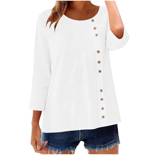 Womens Summer Tops Casual Cotton Linen T-Shirts Elbow Or 3/4 Sleeves Oversized Shirts Holiday Becah Loose Fit Blouse White