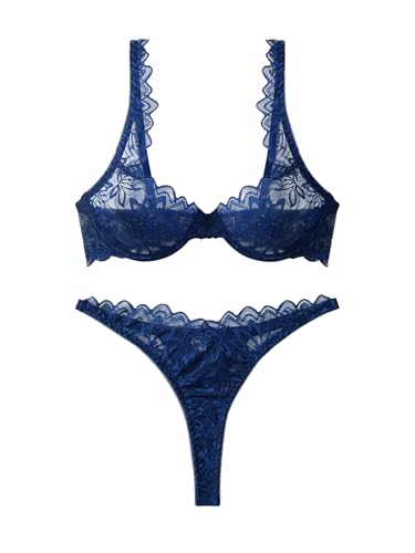 Image of Lilosy Sexy Floral Lace Scallop Underwire Push Up Sheer Lingerie Set Outfits
