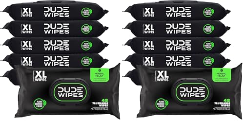 Image of DUDE Wipes Herbal Relief Flushable Wipes - Extra-Large Adult Wet-Wipes - Infused with Soothing Witch Hazel, Geranium Essential Oils, Vitamin E, and Aloe - Septic and Sewer Safe 48 Count (Pack of 12)