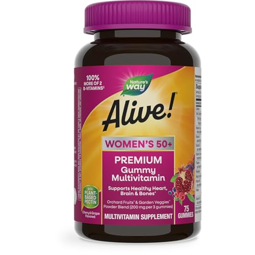 Nature’s Way Alive! Women’s 50+ Premium Gummy Multivitamin, Supports Healthy Heart, Brain & Bones*, B-Vitamins, Gluten-Free, Vegetarian, Grape and Cherry Flavored, 75 Gummies (Packaging May Vary)