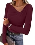ZESICA Women's Long Sleeve Asymmetrical Neck Ruched Slim Fit Shirts 2025 Fall Fashion Tops Business Casual Blouses, Wine Red, M