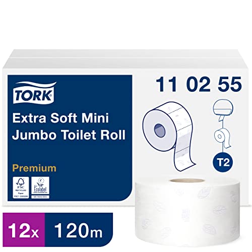 Tork 110255 extra weiches Mini Jumbo Toilettenpapier in Premium Qualität für das Tork T2 Mini Jumbo Toilettenpapiersystem / Toilettenpapier 3-lagig in Weiß, 12 x 600 Blatt