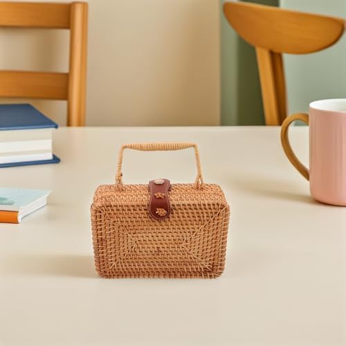 HOOWIFFY Handmade Rattan Wicker Clutch Purse Featuring Durable Pu Leather Buckle Lightweight Vintage Small Basket Bag for Women for Picnic or Evening Events - 5