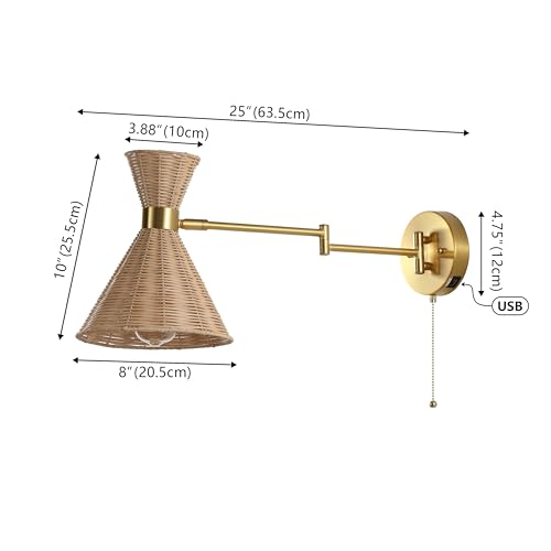 JONATHAN Y 25" Brass Gold 1-Light Mid-Century Swing Arm LED Sconce with USB Port, Pull Chain Vintage Wall Lamp for Bedroom Living Room Decor, Light Brown Rattan Shade, LED Bulb JYL1603A by JONATHAN Y - Image 4