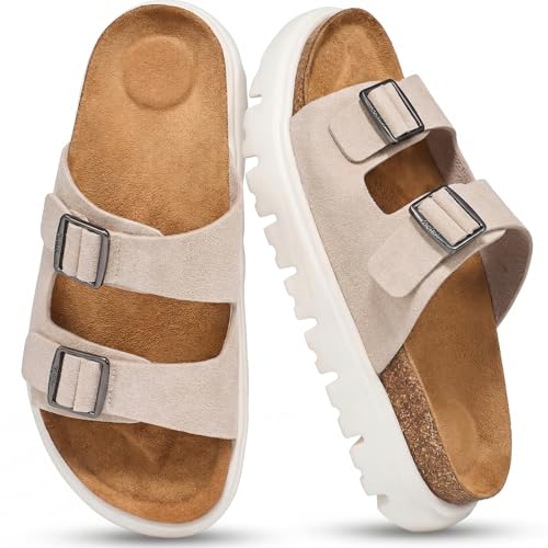 ZURIN Genuine Leather Platform Sandals for Women，Cork Footbed Wedge Chunky Sandals Women with Arch Support, Suede Slip On Slides Double Buckle Footwear for Summer Beach Walking Indoor Outdoor