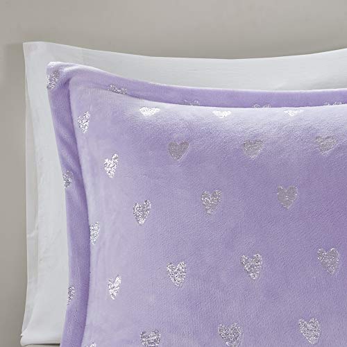 Mi Zone Rosalie Comforter Set For Girls, Ultra-Soft Microlight Plush Metallic Printed Hearts Brushed Reverse Overfilled Down Alternative Hypoallergenic All Season, Full/Queen, Purple/Silver, 4 Piece #TOP7