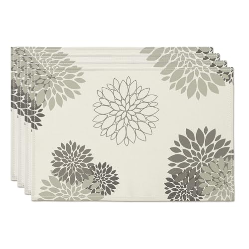 WHOMEAF Gray Placemat Dahlia Pinnata Flower Beige Burlap Waterproof Rectangular Place Mats Set of 4 Modern Washable Farmhouse Table Top Decor for Kitchen Dining Home Party Indoor Outdoor 12 x 18 Inch