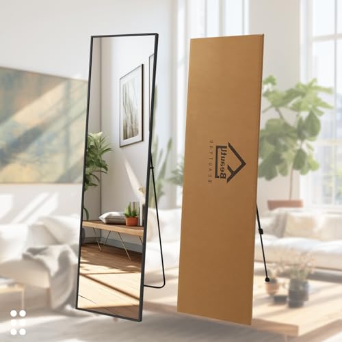 Beauty4U 59" x 16" Tall Full Length Mirror with Stand, Black Wall Mounting Full Body Mirror, Metal Frame Full-Length Tempered Mirror for Living Room, Bedroom
