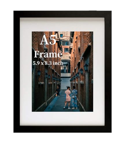 MEGAROOM Wood A5 Frame - A5 Photo Frame for 5.9 x 8.3 Inch (15 x 21 cm) Photo Wall Hanging - A5 Picture Frame with Clear Perspex Front - Wall Mounting to Hang Portrait or Landscape (Black)