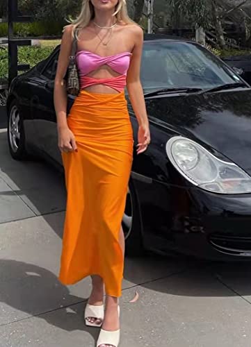 Seyumixi Women Hollow Out Long Dress Bodycon Backless Maxi Dress V Neck Spaghetti Strap Cocktail Dress(Hot Orange,S) #TOP1
