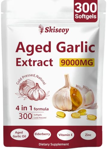 Odorless Aged Garlic Extract – 2 Years 4-in-1 Fermented Garlic Supplements with Elderberry, Vitamin E & Zinc for Heart & Immune Support, Potent Antioxidant Supplements, Vegetarian, 300 Softgels