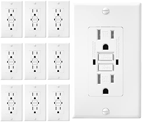 GFCI White Outlet Receptacle, Tamper Resistant GFCI Outlet 15 Amp/125-Volt, Self-Test Function with LED Indicator 15 Amp GFCI Outlets, UL/cUL Listed, Wall Plate and Screws Included, 10 Pack