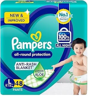 Image of Pampers All Round Protection Pant Style Baby Diapers, Large (L), 48 Count + 10 FREE Diapers Inside Total Count 58, 9-14kg, Anti Rash Blanket, 360 Lotion with Aloe Vera Diapers,New Extraa Lotion with Aloe