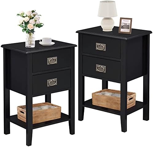 VECELO Nightstands Set of 2 End/Side Tables for Living Room Bedroom Bedside, Vintage Accent Furniture Small Space, Solid Wood Legs, Two Drawers, Dark Black