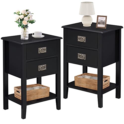 Vecelo Nightstands Set Of 2 End/Side Tables For Living Room Bedroom Bedside, Vintage Accent Furniture Small Space, Solid Wood Legs, Two Drawers, Dark Black #TOP14
