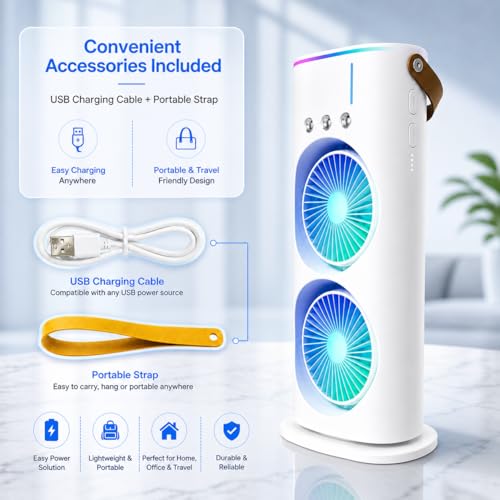 Image of MIKANIX Mini Dual Air Fan Cooler | Mist Spray with 3 Wind Speed Mode | 90 Adjustable Rotation for Room, Kitchen, Home & Office Desk with USB Cable