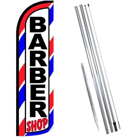 Vista Products Barber Shop (Red/White/Blue) Windless Feather Banner Flag Kit (Flag, Pole, & Ground Mt) Cover