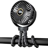 Portable Stroller Mini Fan, Small Rechargeable Personal Fan, Baby Travel Essentials for Wagon, Car Seat, Treadmill, Battery Powered Biking Gear Accessories, 360° Rotation, 3-Speed, Display, Black