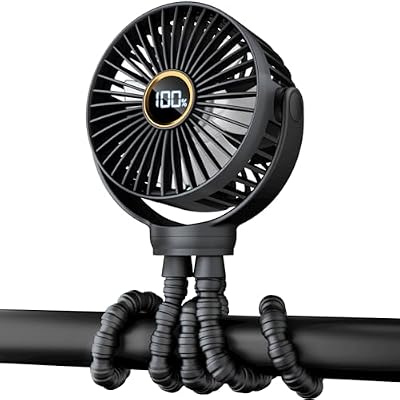 Portable Stroller Mini Fan, Small Rechargeable Personal Fan, Baby Travel Essentials for Wagon, Car Seat, Treadmill, Battery Powered Biking Gear Accessories, 360° Rotation, 3-Speed, Display, Black