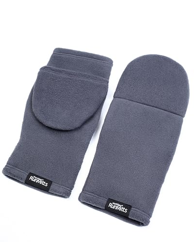 WhitePaws RunMitts Convertible Running Mittens, Double Velour Polartec Fleece, Thumbless Design with Hand Warmer Pocket, Made in USA (Grey, Small)