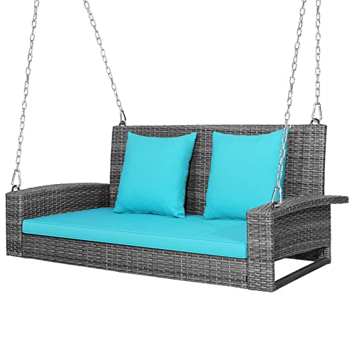 Tangkula 2 Person Wicker Hanging Porch Swing, Patiojoy Outdoor Rattan Swing With Soft Cushions And 2 Rustproof Steel Chains, 800 Lbs Patio Swing Bench For Balcony, Garden And Yard (Turquoise) #TOP10