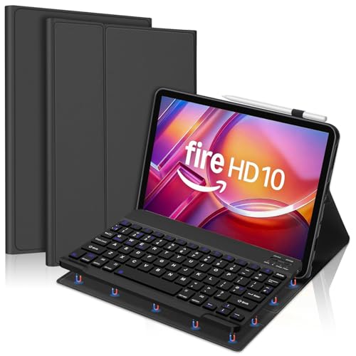 FOGARI Keyboard Case for Fire HD 10 & 10 Plus 10.1 inch (13th/11th Generation 2023/2021), Detachable Bluetooth UK Version Keyboard Cover, Black