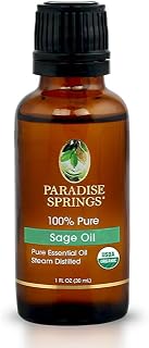Paradise Springs Organic Sage Essential Oil, 100% Pure and Natural Organic Sage Essential Oil for Diffusers for Home Aromatherapy, Massage, Humidifiers, 1 fl oz (30ml)