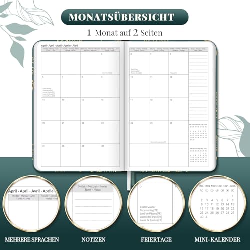 Kalender 2026 Buchkalender A5, 12 Monate Terminkalender mit Wochenplaner von Januar bis Dezember 2026 - Hardcover Kunstleder Taschenkalender Terminplaner - Grünes Blatt