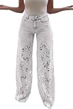 Sezhgswd Womens Lace Patch Work Hollow Jeans High Waist Flare Plus Size Cut Out Mesh See Through Sexy Pants Trousers White