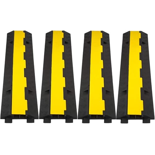 CXRCY Cable Ramp 4 Pack 2 Channel 11000lbs axle Capacity Floor Cable Cord Protector, Black & Yellow Speed Bumps Hose Protector Ramps for Wire/Hose/Pipe Hider Driveway &Outdoor 40x10x2 inch(L x W x H)
