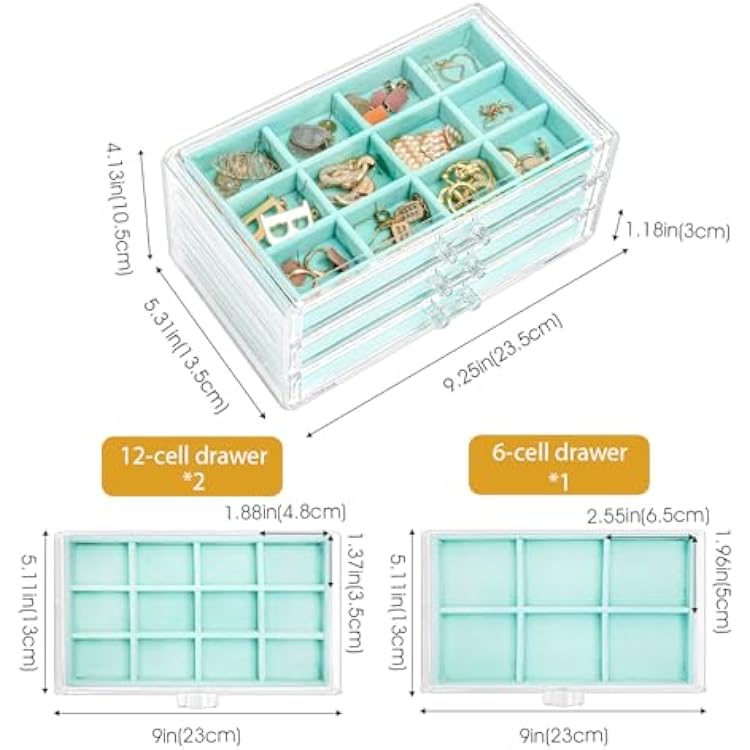 ProCase Earring Holder Organizer Jewelry Box with 3 Drawers, Acrylic Clear Earring Case with Adjustable Velvet Trays for Women - Aqua, 3 Layers