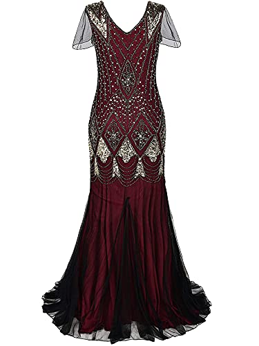 Vestido años 20 Disfraz Mujer cuello de pico, lentejuelas con flecos, retro con purpurina, vestido de fiesta sexy manga larga elegante vestido de cóctel fiesta boda rojo 2XL