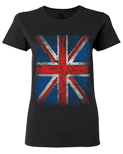 Union Jack Vintage British Flag Women's T-Shirt United Kingdom Flag Shirts Large Black 13315