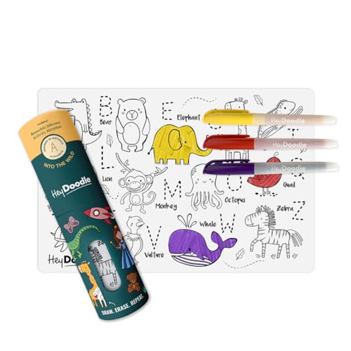 HeyDoodle Into The Wild Mini – Reusable Silicone Alphabet Coloring Mat for Toddlers and Kids – Educational Animal Activity Pad with 3 Dry Erase Markers – Mess-Free Travel Toy – Ages 3-7