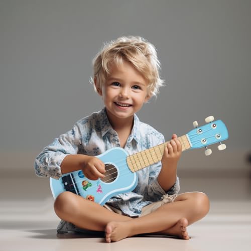 WoodenEdu Kids Guitar for Girls, Wooden Musical Instruments Toys with Ukulele, Tambourine, Maracas, Harmonica, Mini Band Sets for Toddlers 2 3 Years Old Birthday Gift (Blue for Boys) — view 6