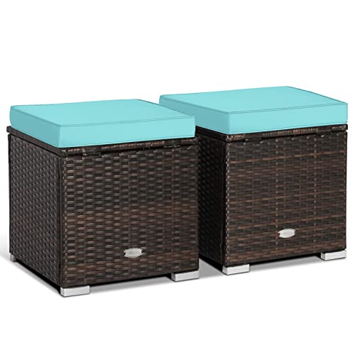 HAPPYGRILL 2PCS Patio Ottoman Set Outdoor Wicker Stool with Storage, Rattan Footrest Ottoman with Solid Metal Frame and Cushion for Backyard Poolside Garden Balcony