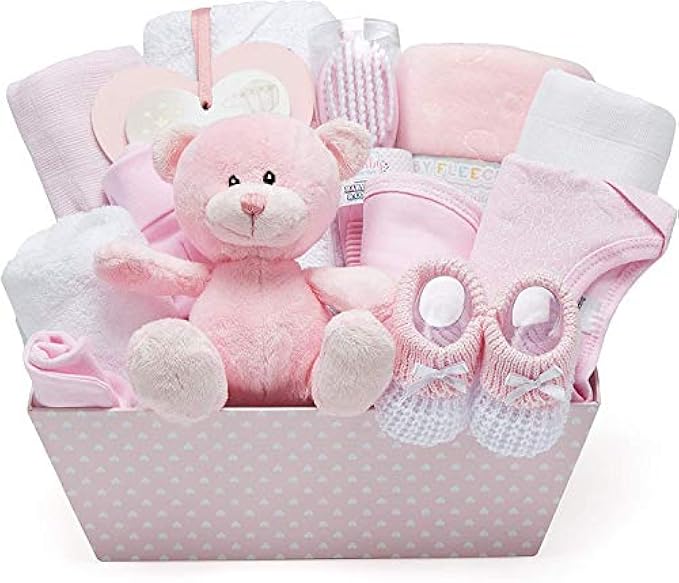 Baby Girl Pink Gift Hamper - with Fleece Wrap, Hooded Towel, Baby Clothes, 2 Muslin Cloths and Cute Teddy Bear