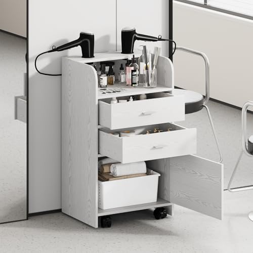4ever2buy Salon Station for Hair Stylist, White Beauty Barber Station, Salon Trolley Cart with Wheels, Mobile Organizer for Salon, Spa, Barbershop, Nail & Beauty Tools, White