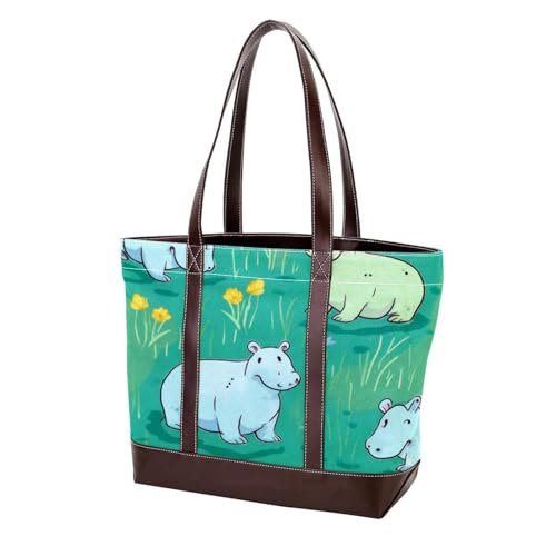 Sac fourre-tout en toile pour femme avec fermeture éclair imprimé oiseau et hippopotame multicolore